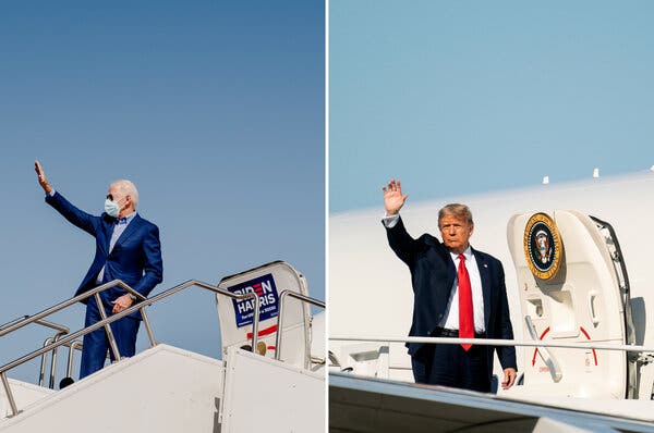 Joseph R. Biden Jr., left, en route to Las Vegas earlier this month. President Trump, right, in Maryland, is heading to states that he won in 2016 and where he is struggling today.